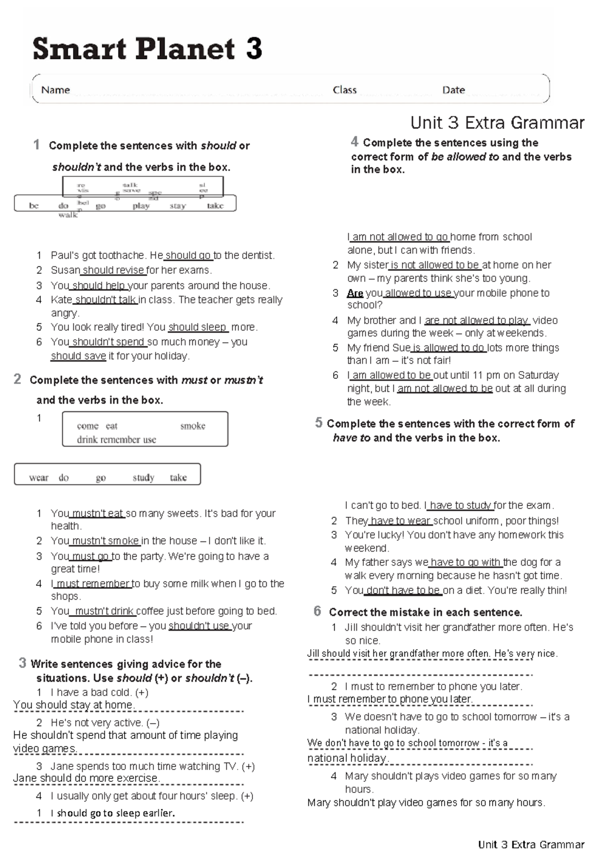 Unit 3 Extra Grammar without answers - Unit 3 Extra Grammar 1 Complete ...