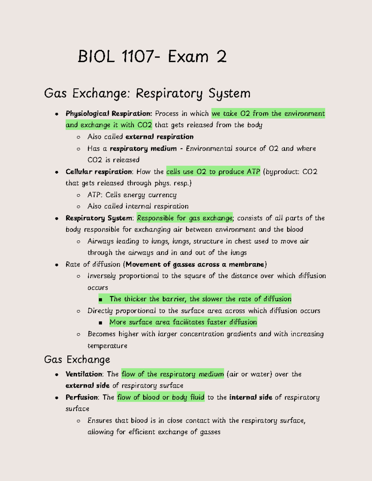 Biol 1107 Exam 2 Ol 07 Xam 2 Gas Ge Ry Em Cal Ion Es In Ich We Ake O2 Rom The Nt Nd Ge It 6713