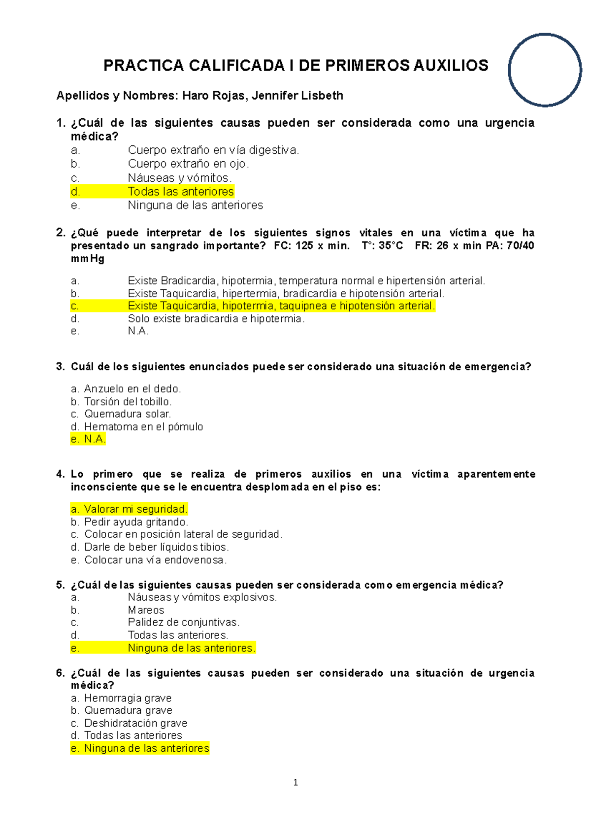 Practica I Primeros Auxilios 01 JUN 2022 - PRACTICA CALIFICADA I DE ...