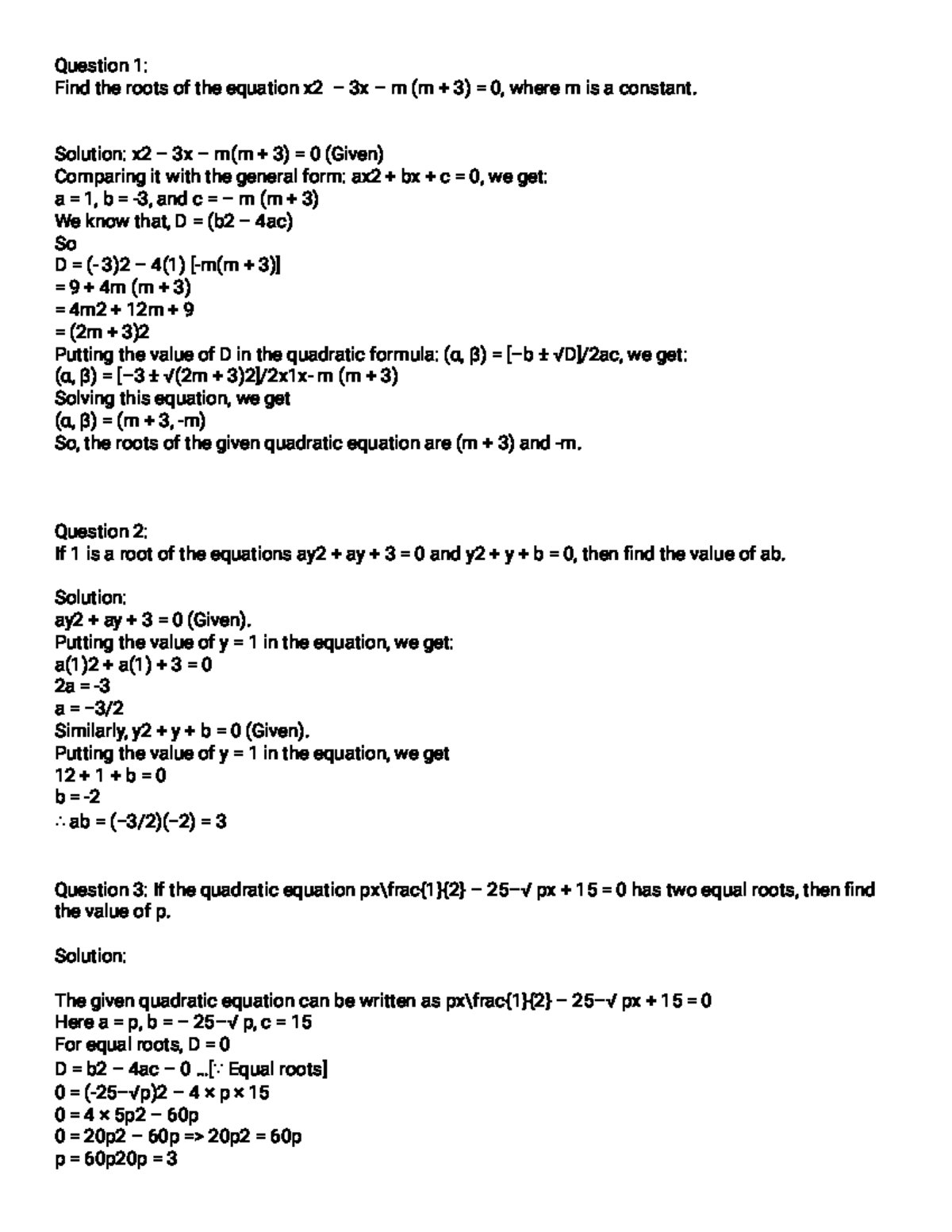 Algebra Maths MOST Important Questions FOR 10th Question 1 Find the
