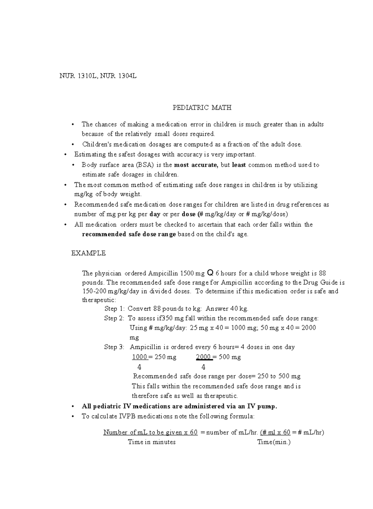 Peds math - Pediatric nursing BC COLLEGE - NUR 1310L, NUR 1304L ...