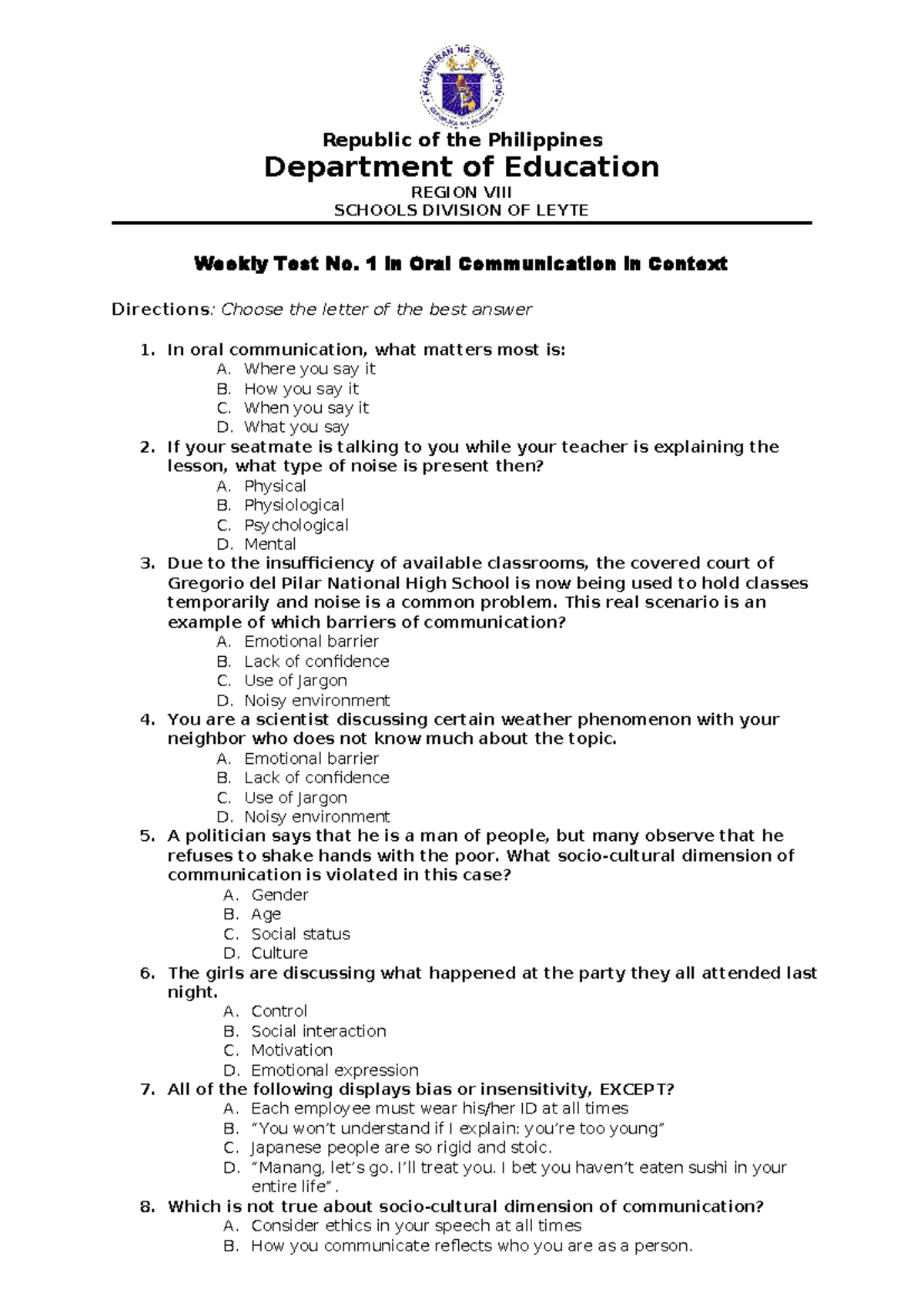 Weekly TEST IN ORAL COMM - Republic of the Philippines Department of ...