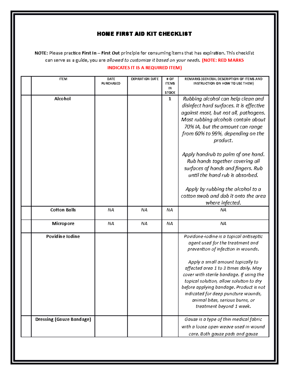 SY2223HOME First AID KIT Checklist HOME FIRST AID KIT CHECKLIST NOTE Please practice First