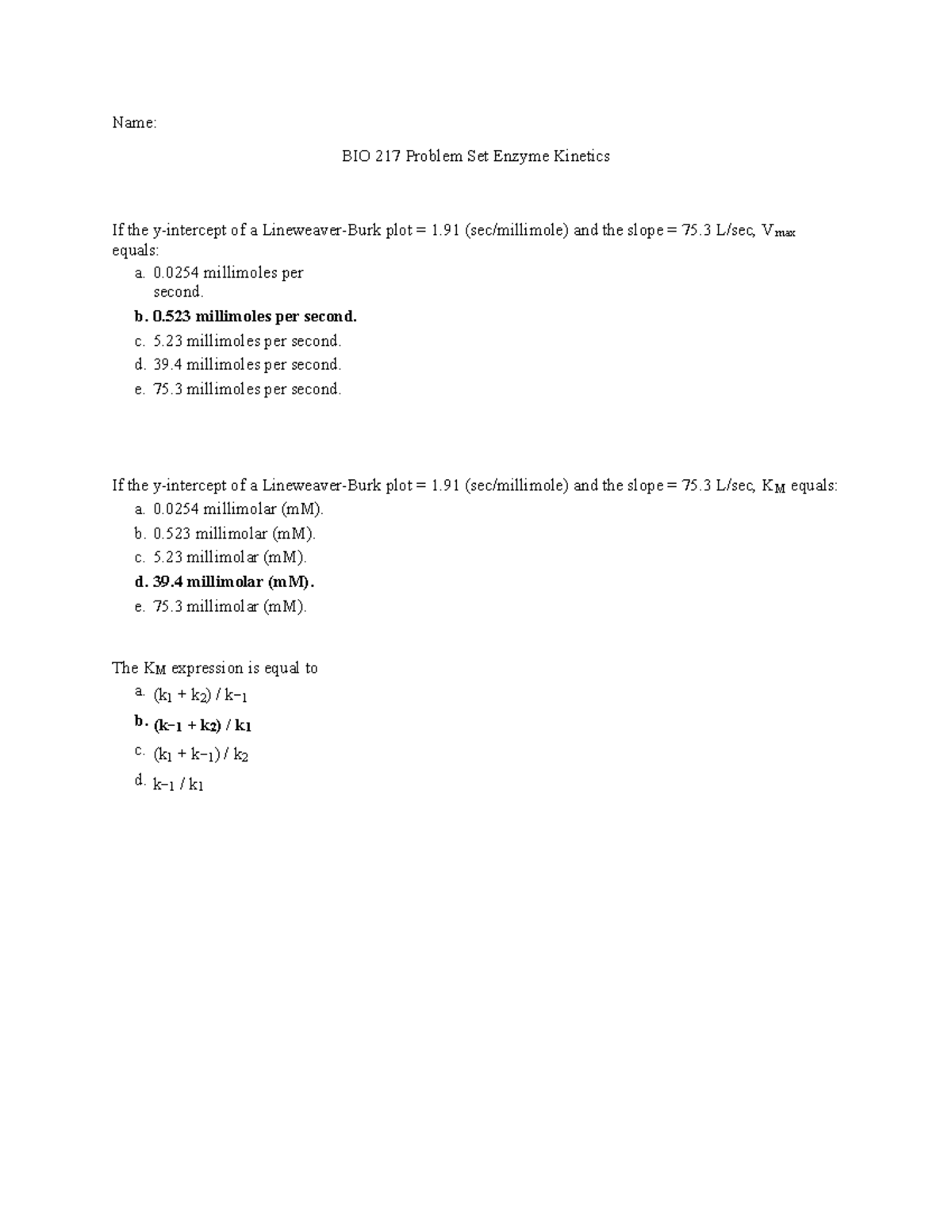 BIO 217 Problem Set Fall 2020 Answers Name BIO 217 Problem