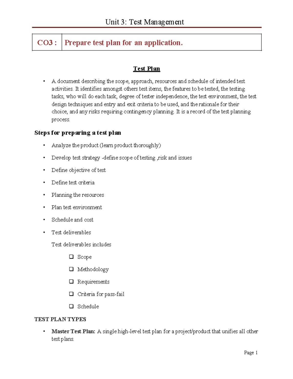 Unit 3 test management - sdjicjidjcidic1 - CO3 : Prepare test plan for ...