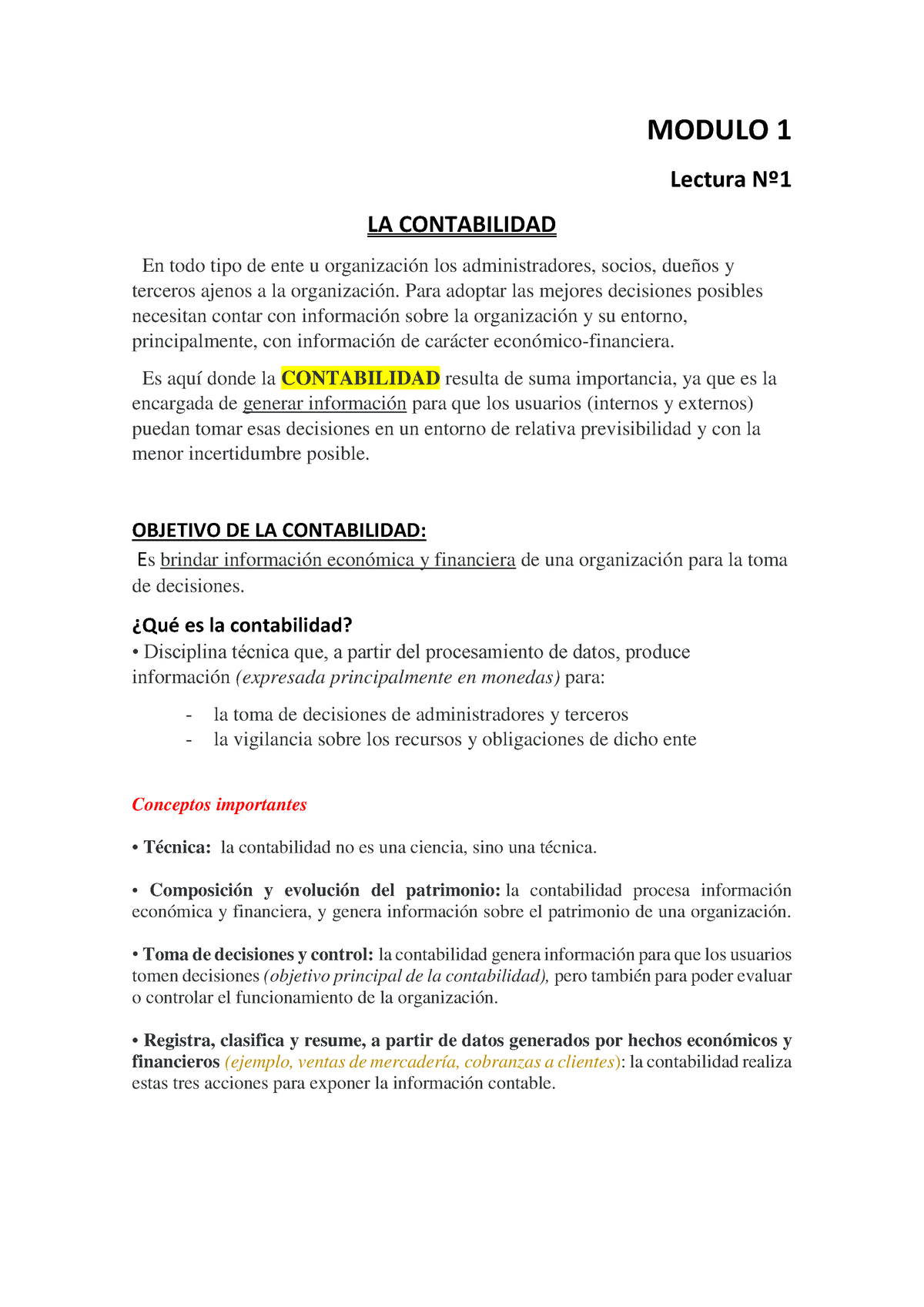 Contabilidad M1 Y M2 Resumen Modulo 1 Lectura N∫ La Contabilidad En Todo Tipo De Ente U 7142