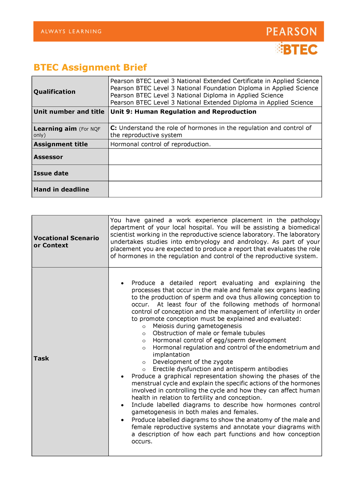 Authorised Assignment Brief For Learning Aim C Unit 9 Human Regulation ...