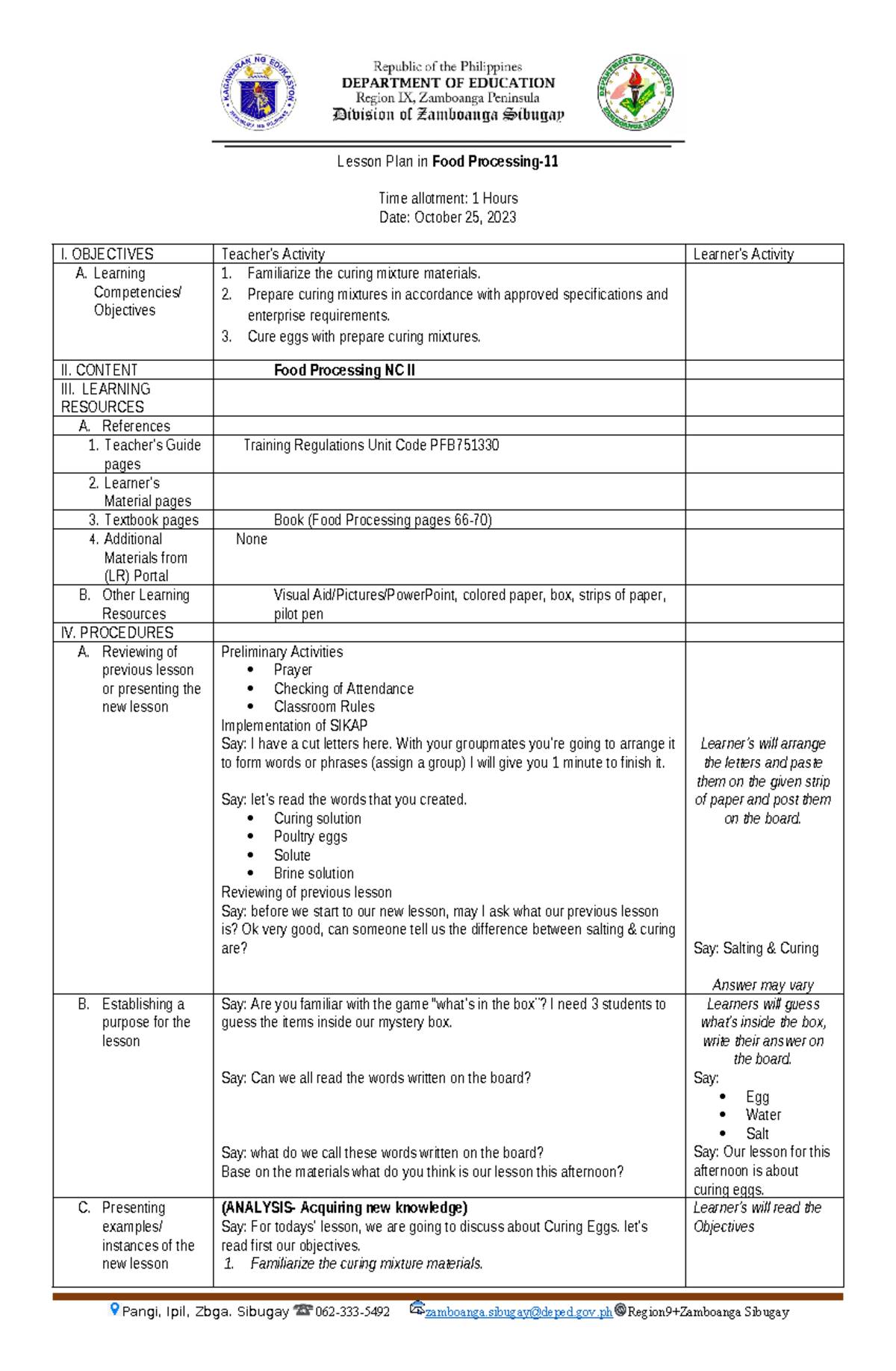 FOOD PROCESSING lesson plan Lesson Plan in Food Processing Time