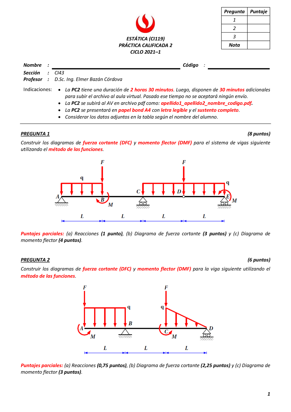 PC2 CI43 Estática 2021 1 - 1 ESTÁTICA (CI119) PRÁCTICA CALIFICADA 2 ...