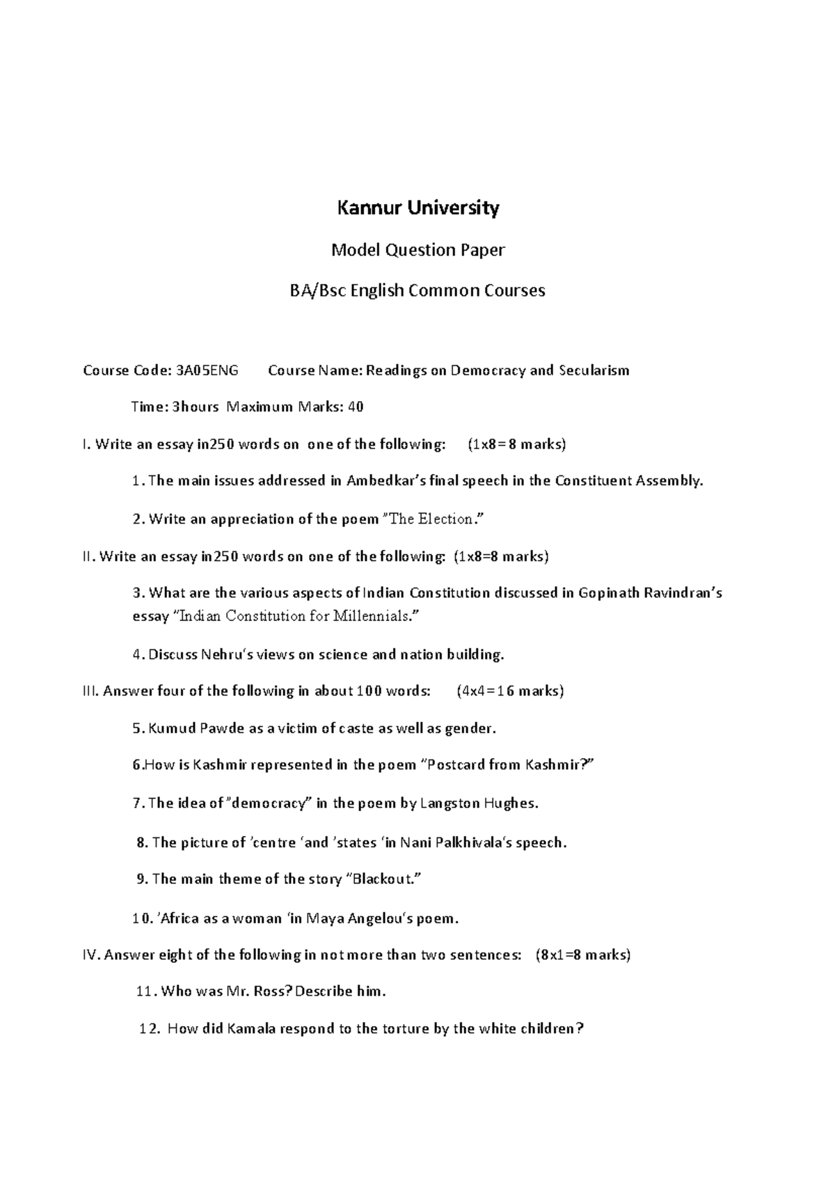 kannur university assignment model