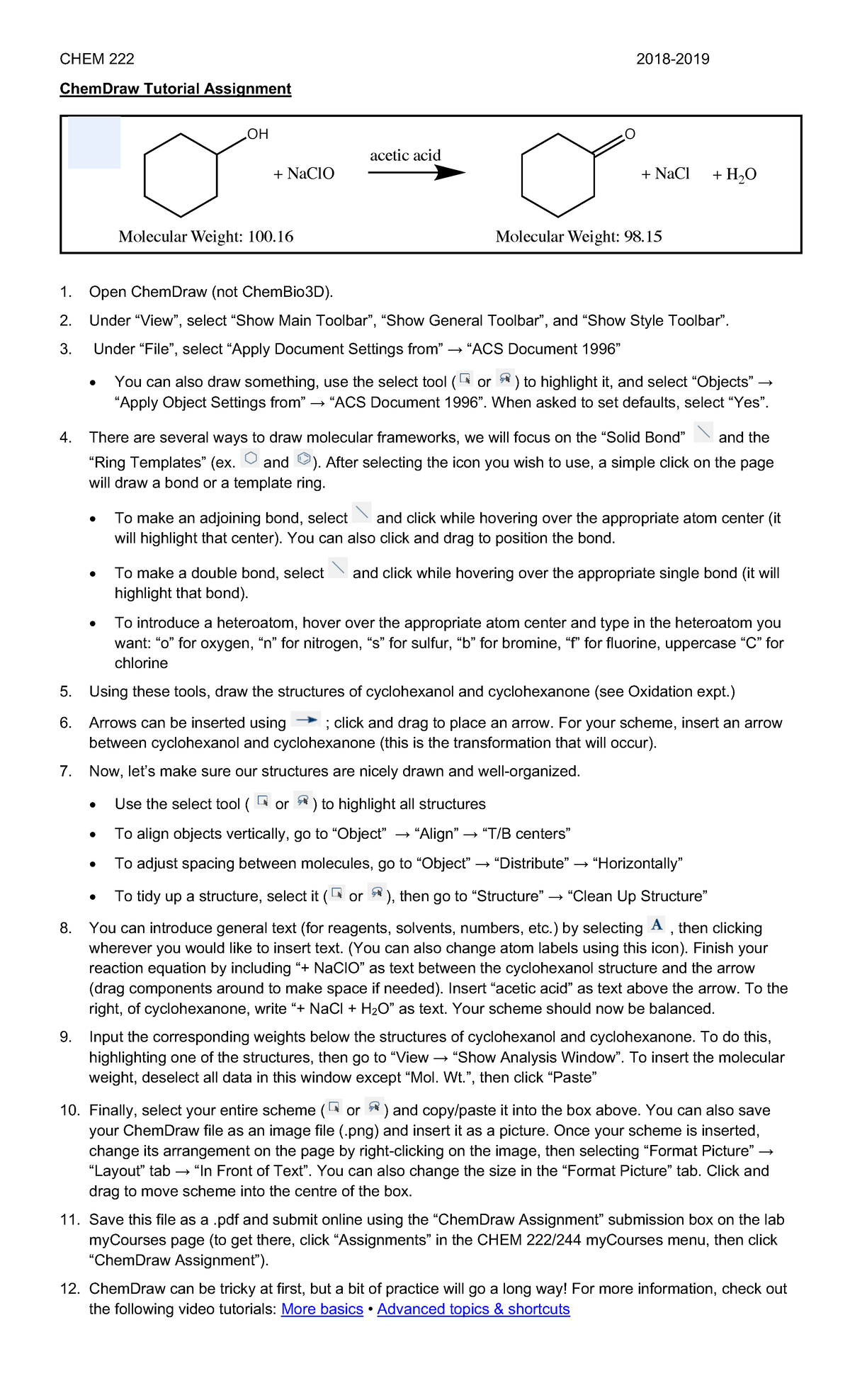 222 Chemdraw Assign Lab Chem 222 2018 2019 Chemdraw Tutorial