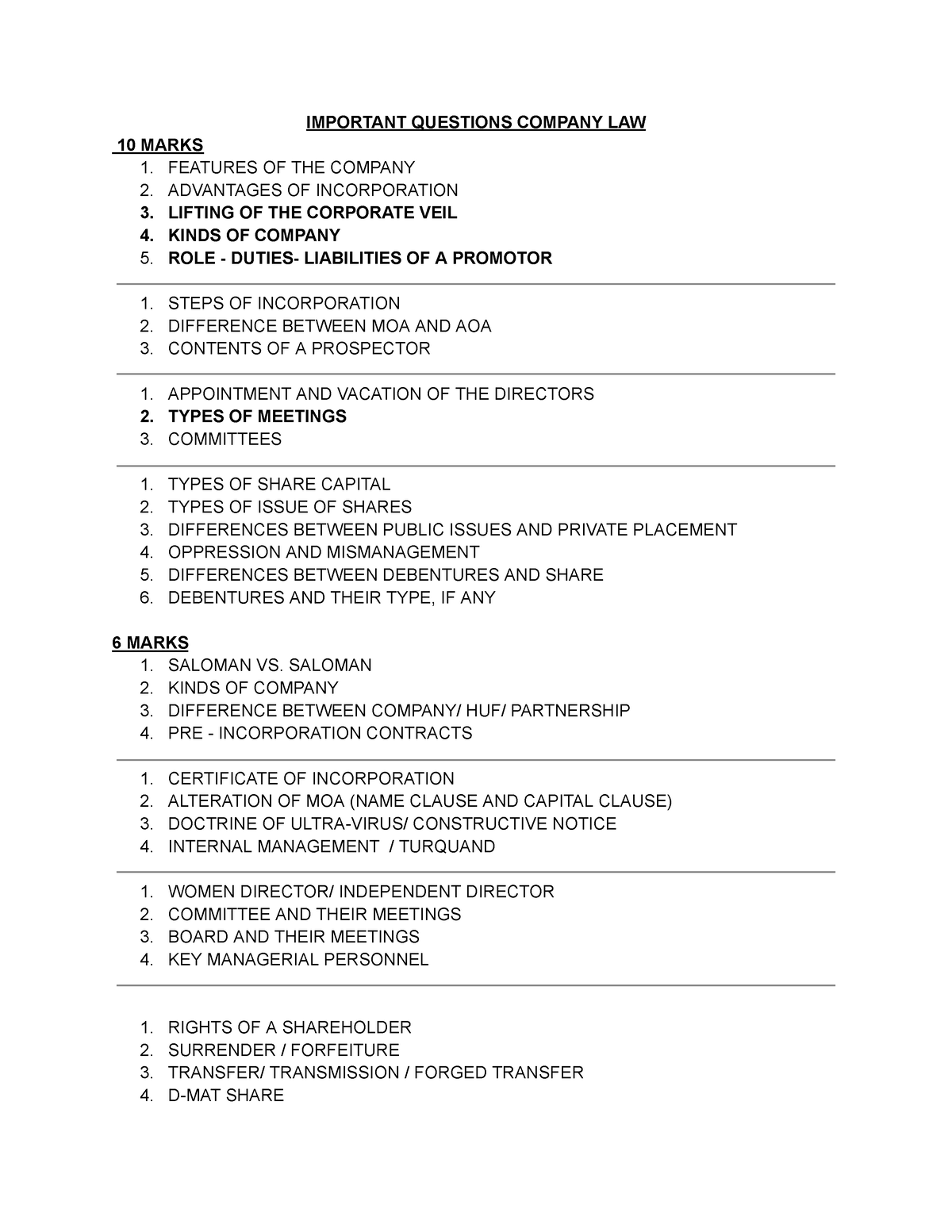 IMP Questions Company LAW - IMPORTANT QUESTIONS COMPANY LAW 10 MARKS 1 ...