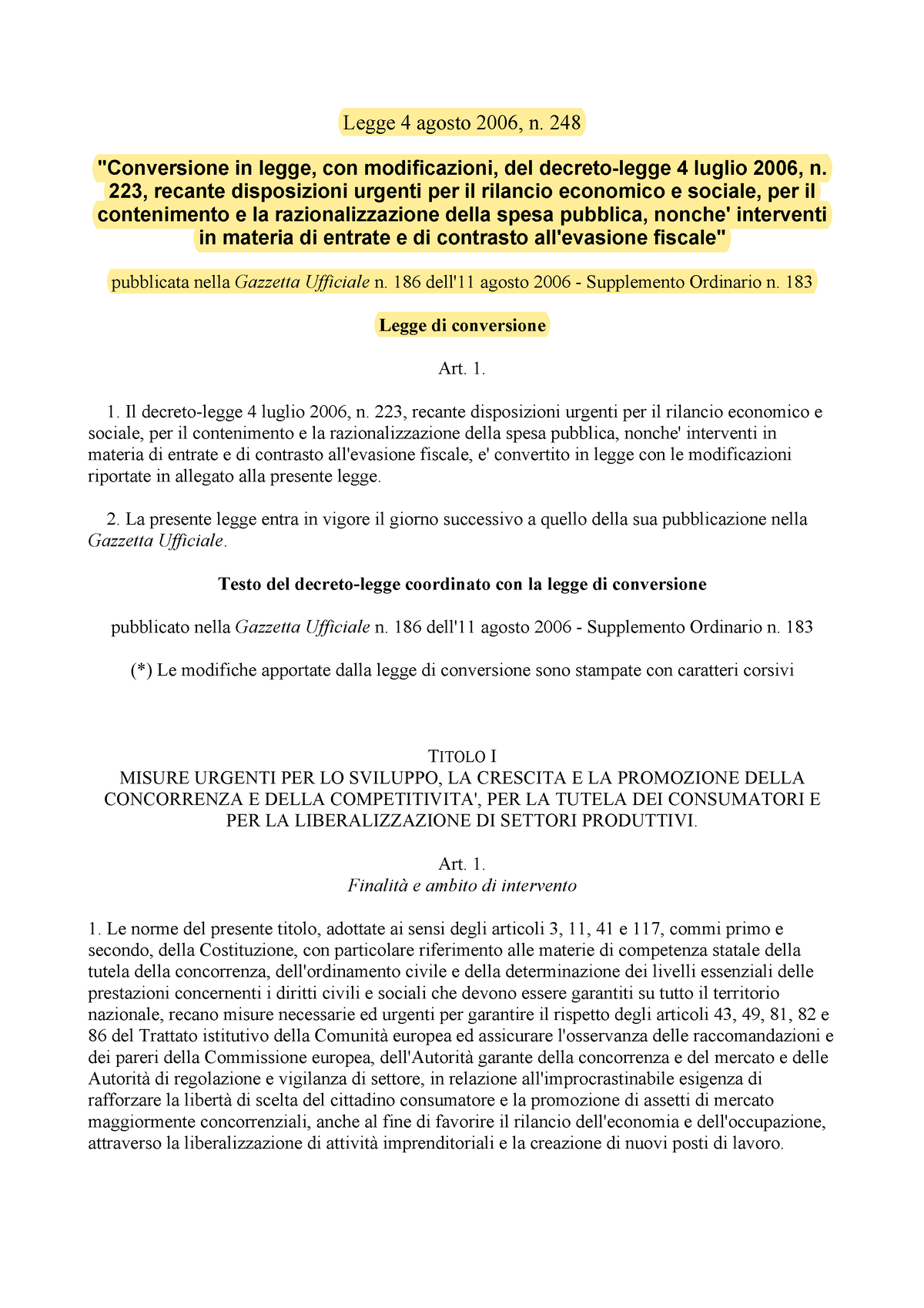 Abolizione Della Tariffa Professionale - Legge 4 Agosto 2006, N. 248 ...