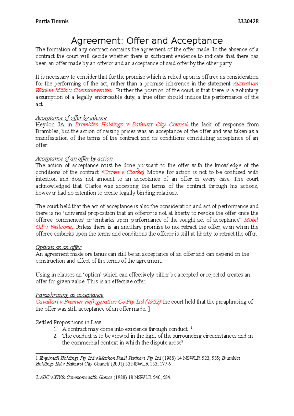 LAWS3040 conceise notes - Agreement: Offer and Acceptance The formation ...