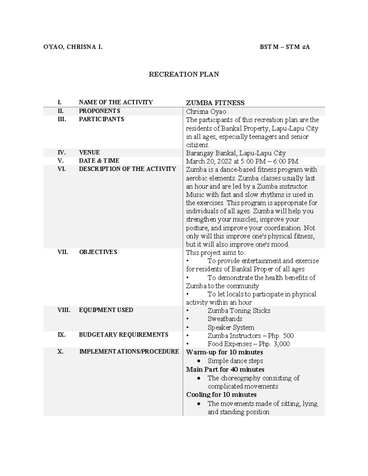 Recreational PLAN For Physical Education - Tourism - Studocu