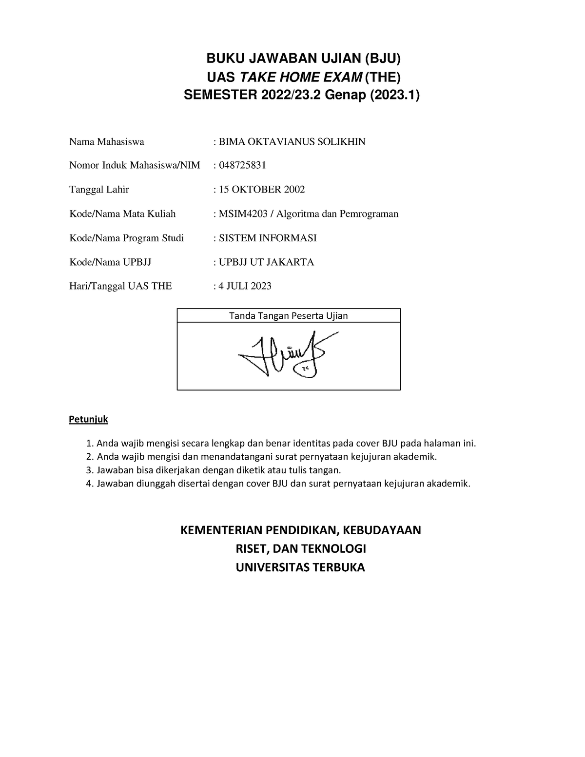 Alogaritma Dan Pemograman MSIM4203 - Tanda Tangan Peserta Ujian BUKU ...