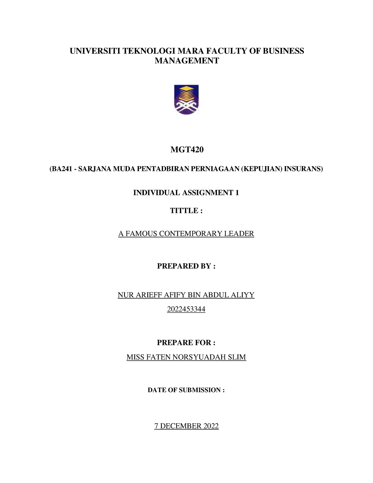 Assignment MGT Arepp Terpaling Completed - UNIVERSITI TEKNOLOGI MARA ...