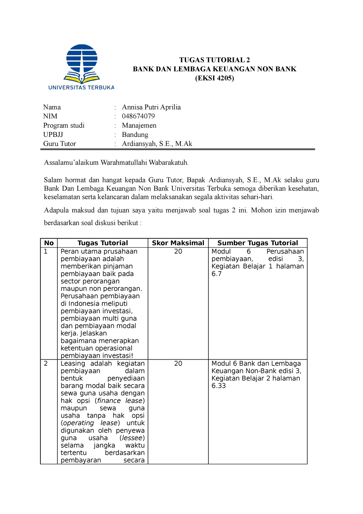 Tugas Tutorial 1 BANK DAN Lembaga Keuangan NON BANK Annisa Putri ...