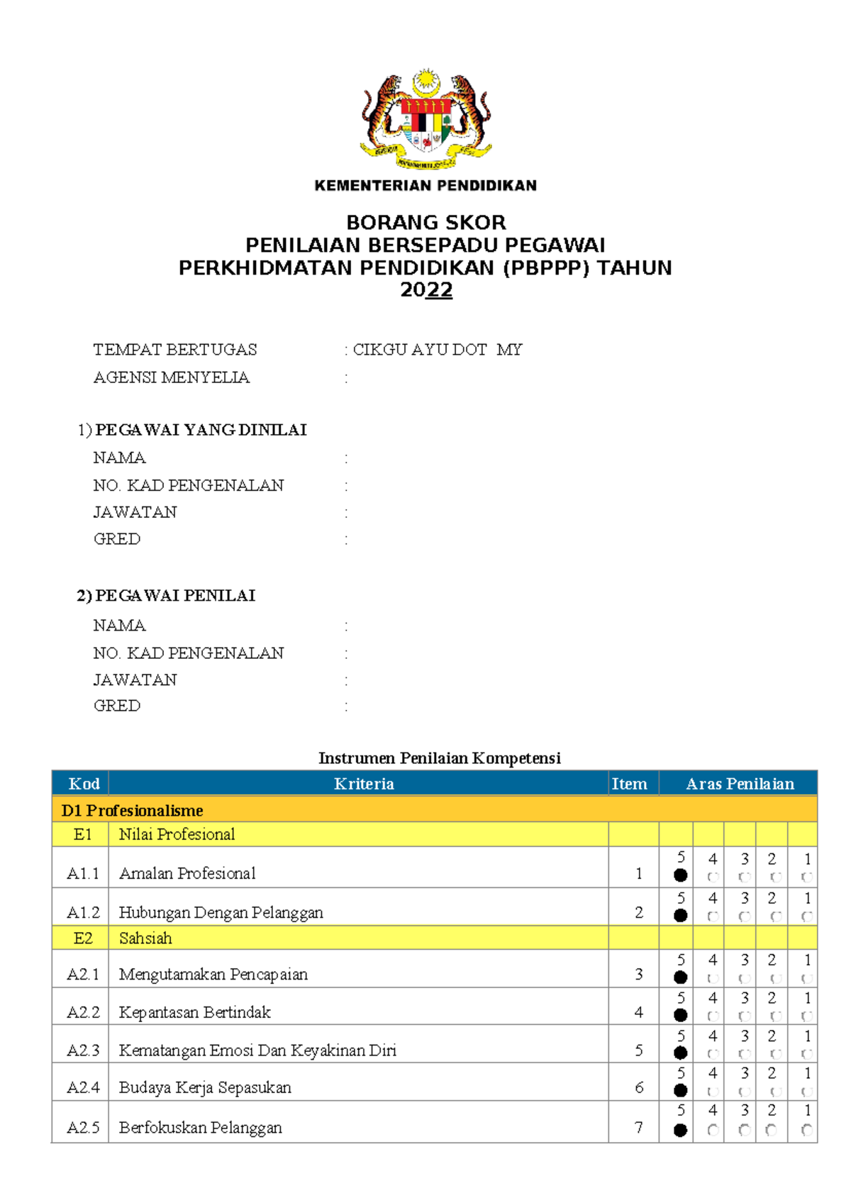 Borang Skor Pbppp - Penilaian Kendiri - BORANG SKOR PENILAIAN BERSEPADU ...