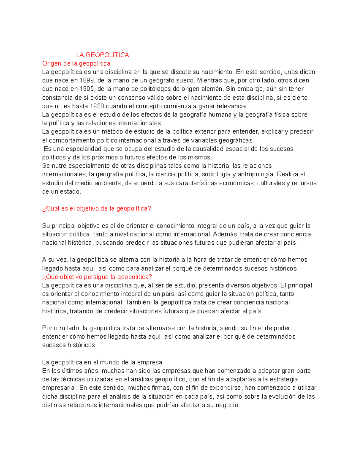 LA Geopolitica - Guía - LA GEOPOLITICA Origen de la geopolítica La ...