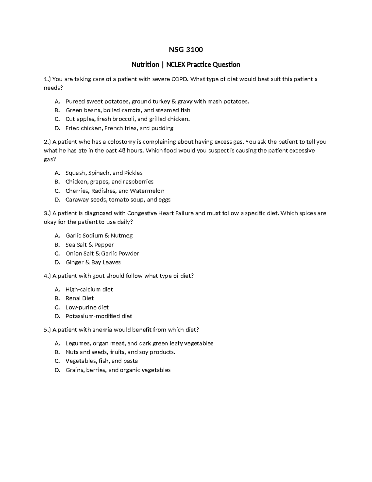 Nclex Practice Questions Test 4 NSG 3100 Nutrition NCLEX Practice