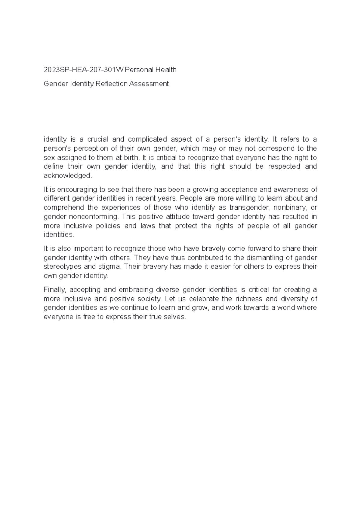 Gender Identity Reflection Assessment - 2023SP-HEA-207-301W Personal ...