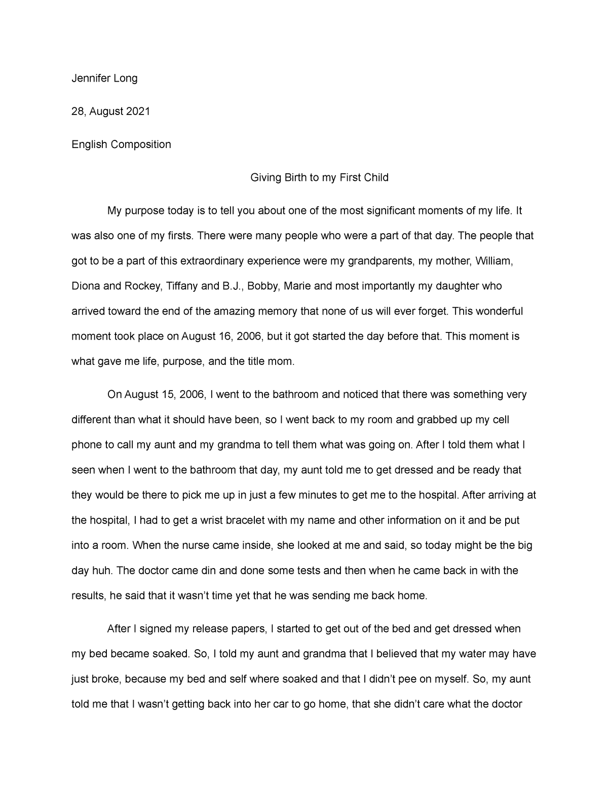 essay about giving birth