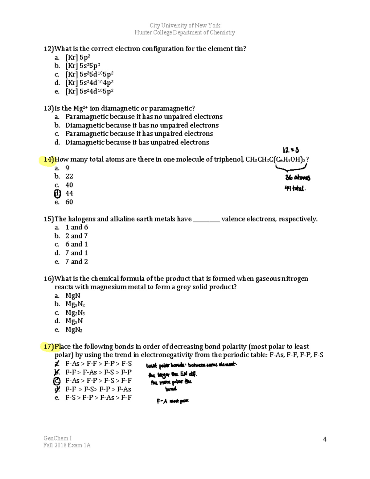 General Chemistry I 2018 Exam 1 Part 3 - City University of New York ...