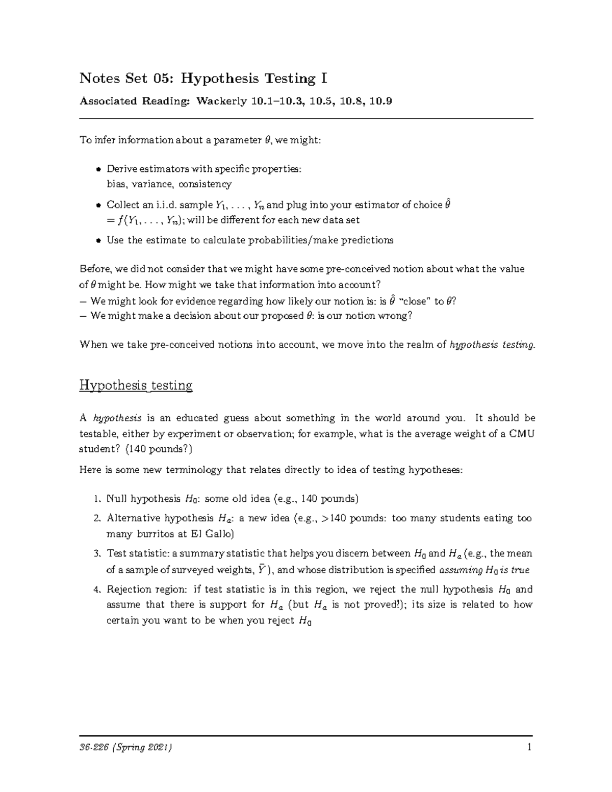 Lecture Notes 5 - Notes Set 05: Hypothesis Testing I Associated Reading ...