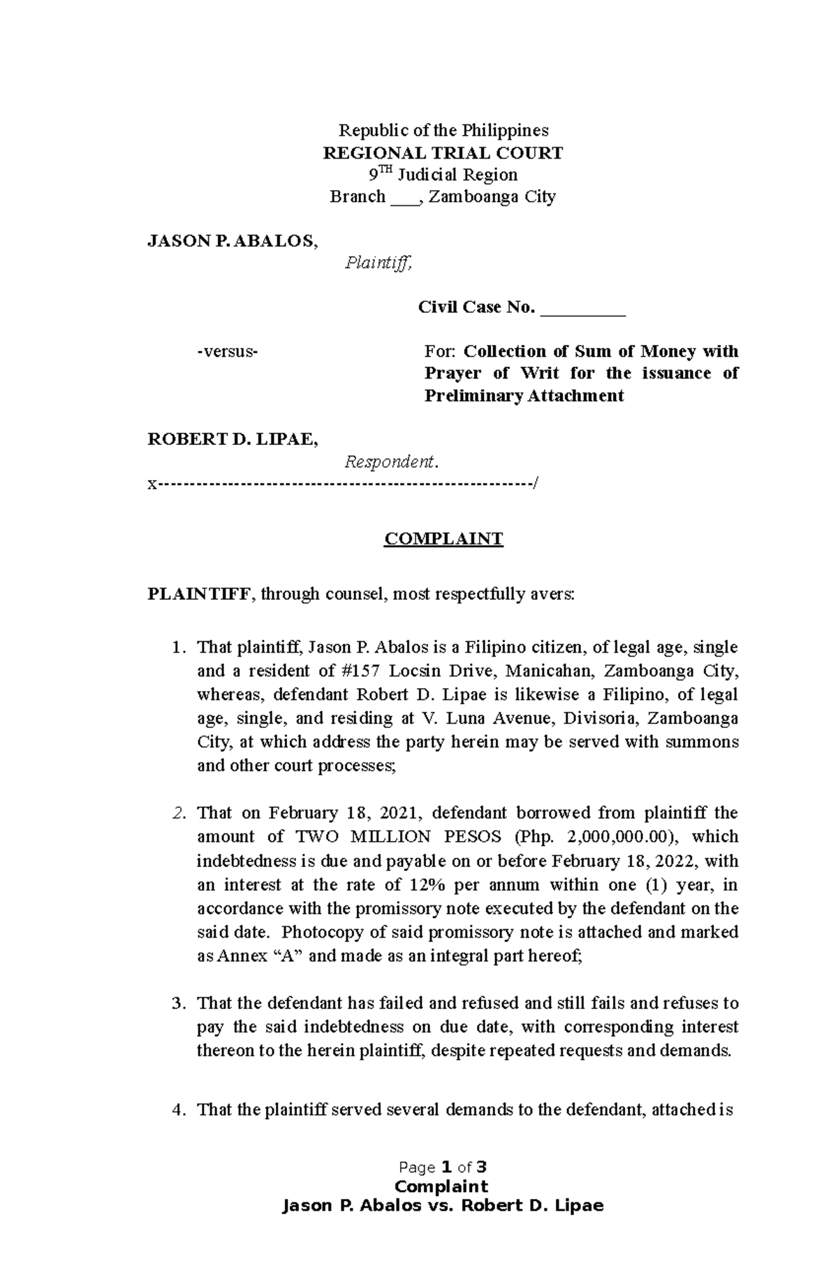 Complaint Assignment - sample - Republic of the Philippines REGIONAL ...