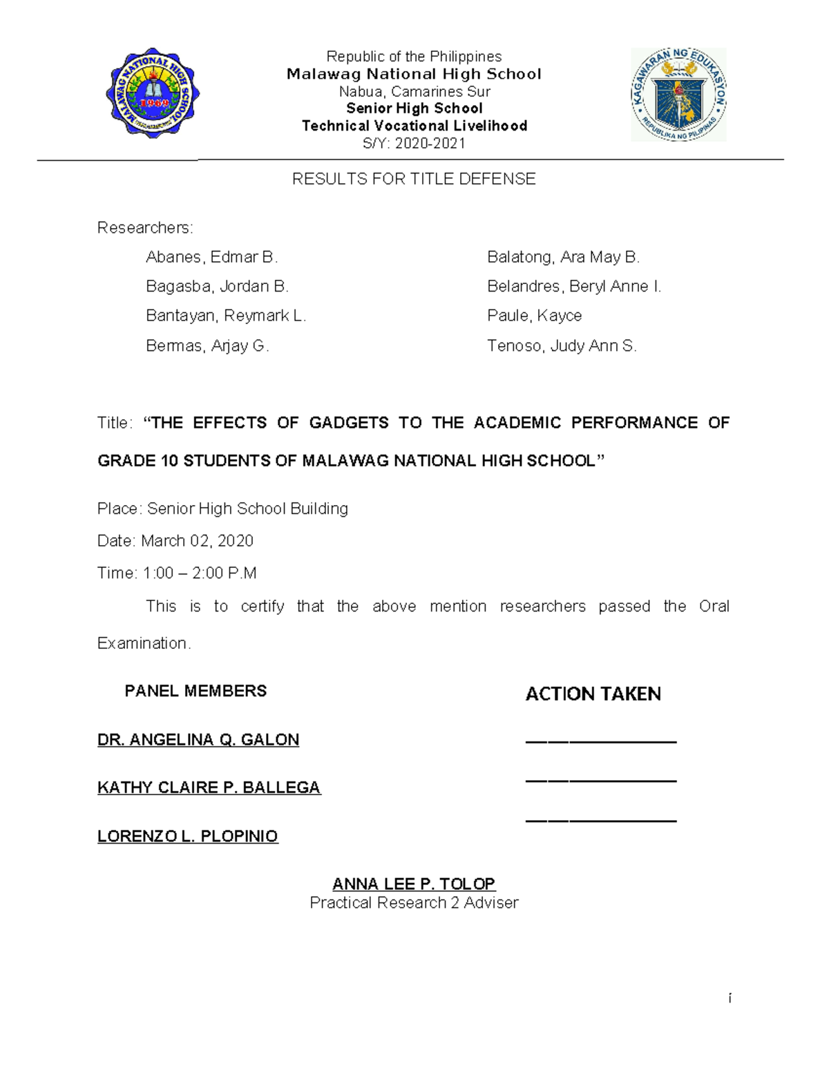 Results for Title Defense SHS - Malawag National High School Nabua ...