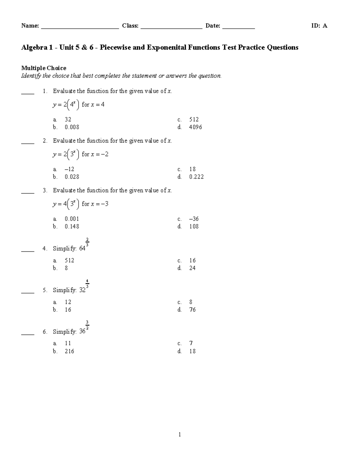 Algebra 1 - Unit 5 6 - Piecewise and Exponenital Functions Test ...