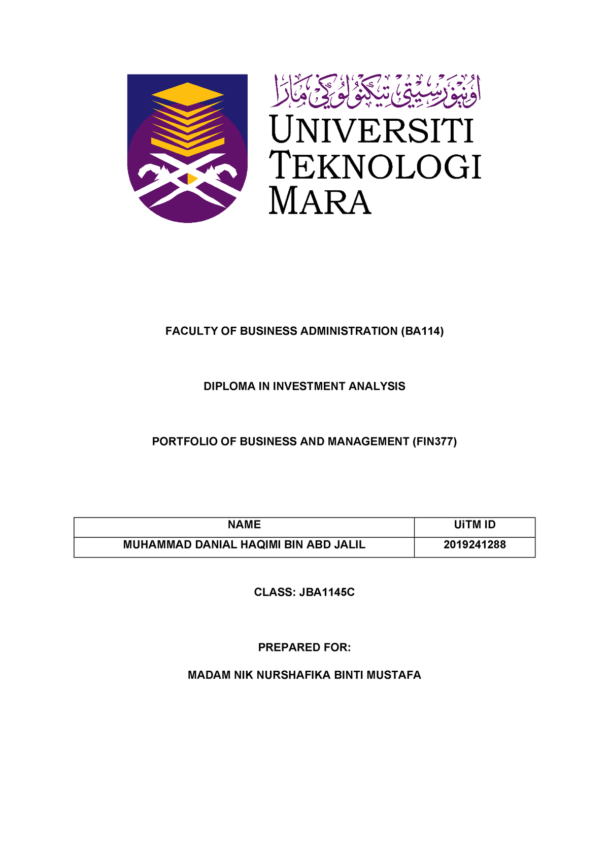 Assignment Portfolio Management (FIN377)MUHD Danial Haqimi 2019 241288 ...