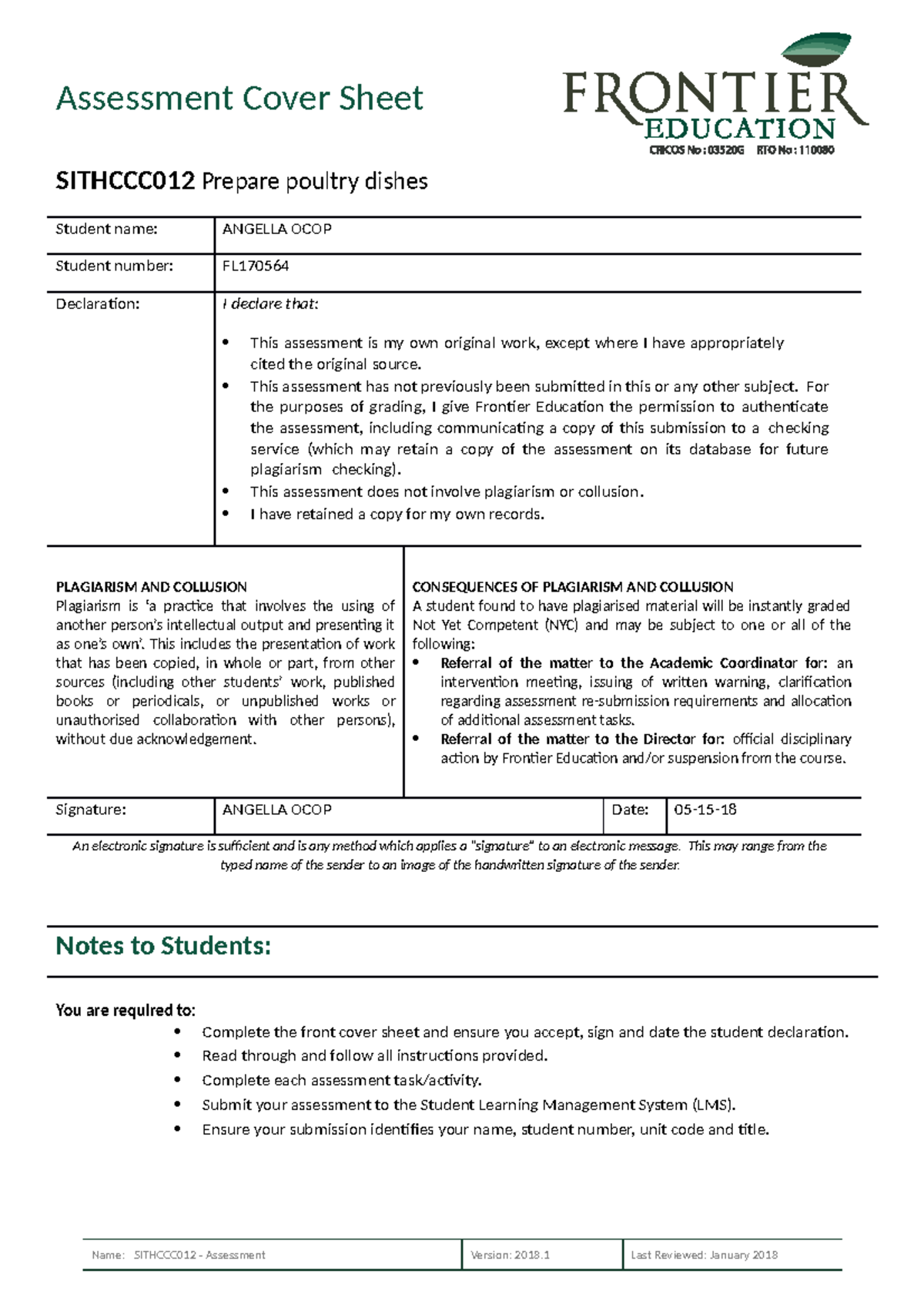 Sithccc 012 Prepare Poultry Dishes Assessment Assessment Cover Sheet Sithccc012 Prepare 9934