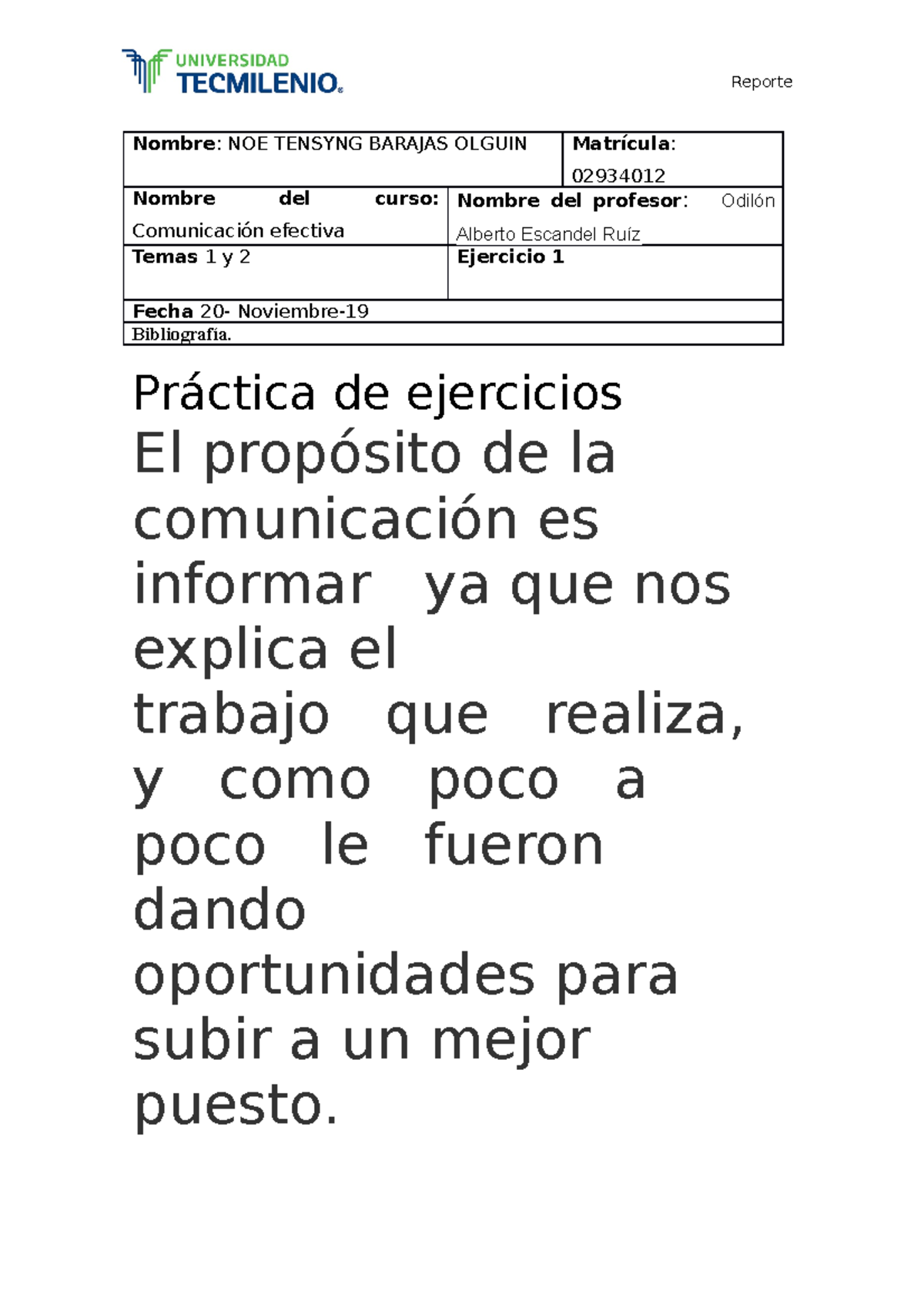 Ejercicio 1. Comunivcación efectiva - Nombre : NOE TENSYNG BARAJAS ...