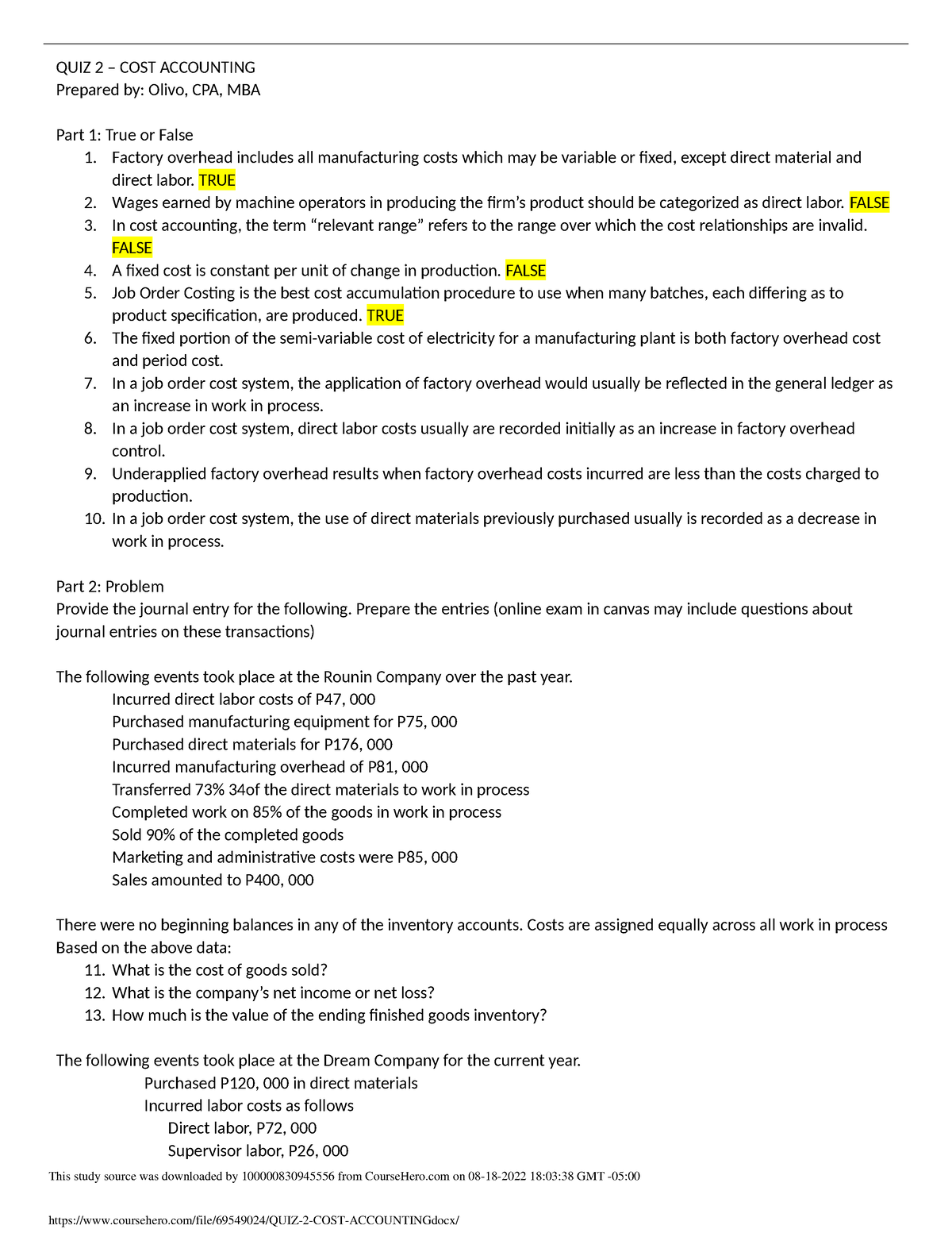 QUIZ 2 COST Accounting - QUIZ 2 – COST ACCOUNTING Prepared by: Olivo ...