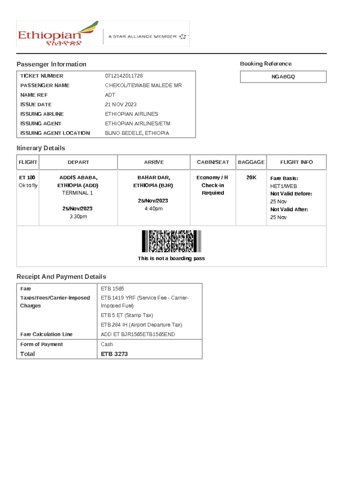 Electronic ticket receipt, November 25 for MR Tewabe Malede Chekol