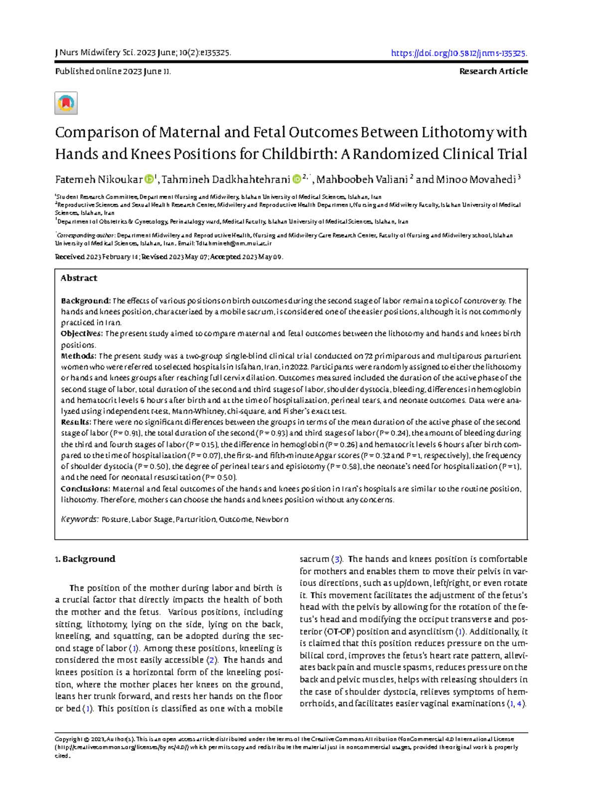 Comparison of Maternal and Fetal Outcomes Between Lithotomy with Hands ...