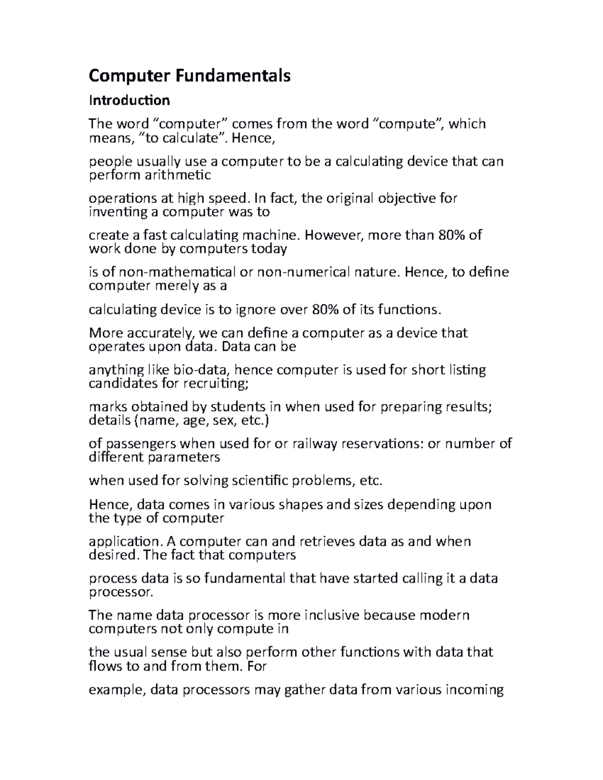 Computer Fundamentals notes - Computer Fundamentals Introduction The ...