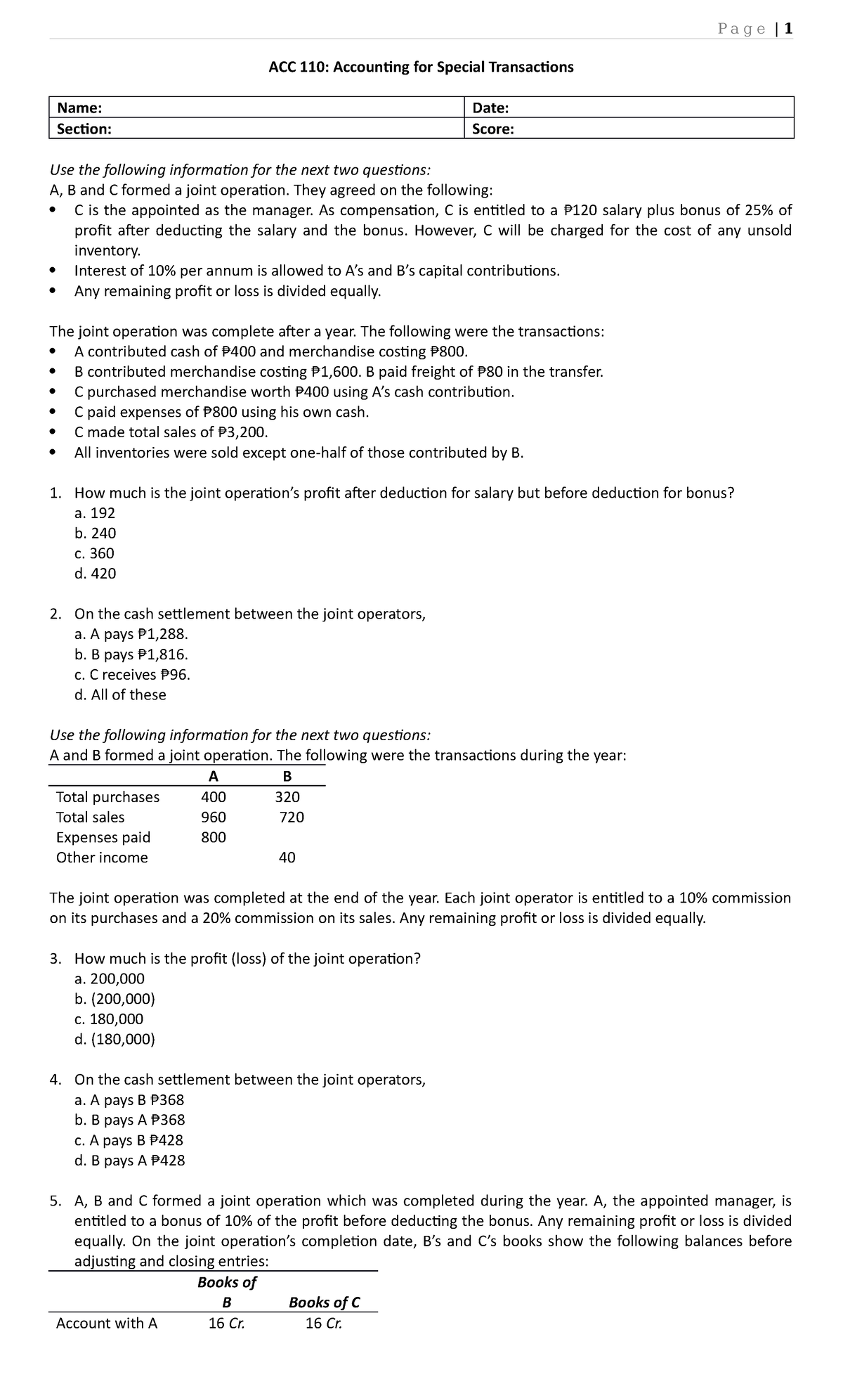 Chapter-6 - Ast review - P a g e | 1 ACC 110: Accounting for Special ...