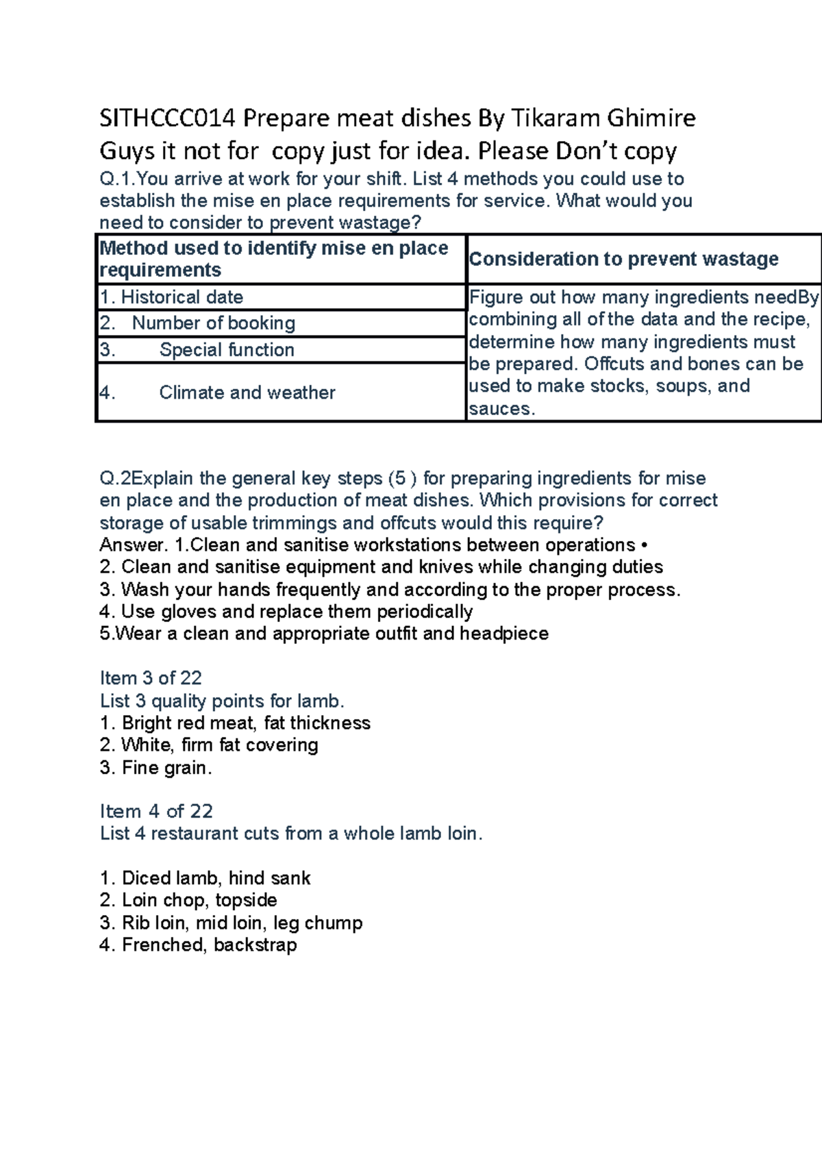 Prepare dishes my assignment SITHCCC014 Prepare meat dishes By Tikaram Ghimire Guys it not for