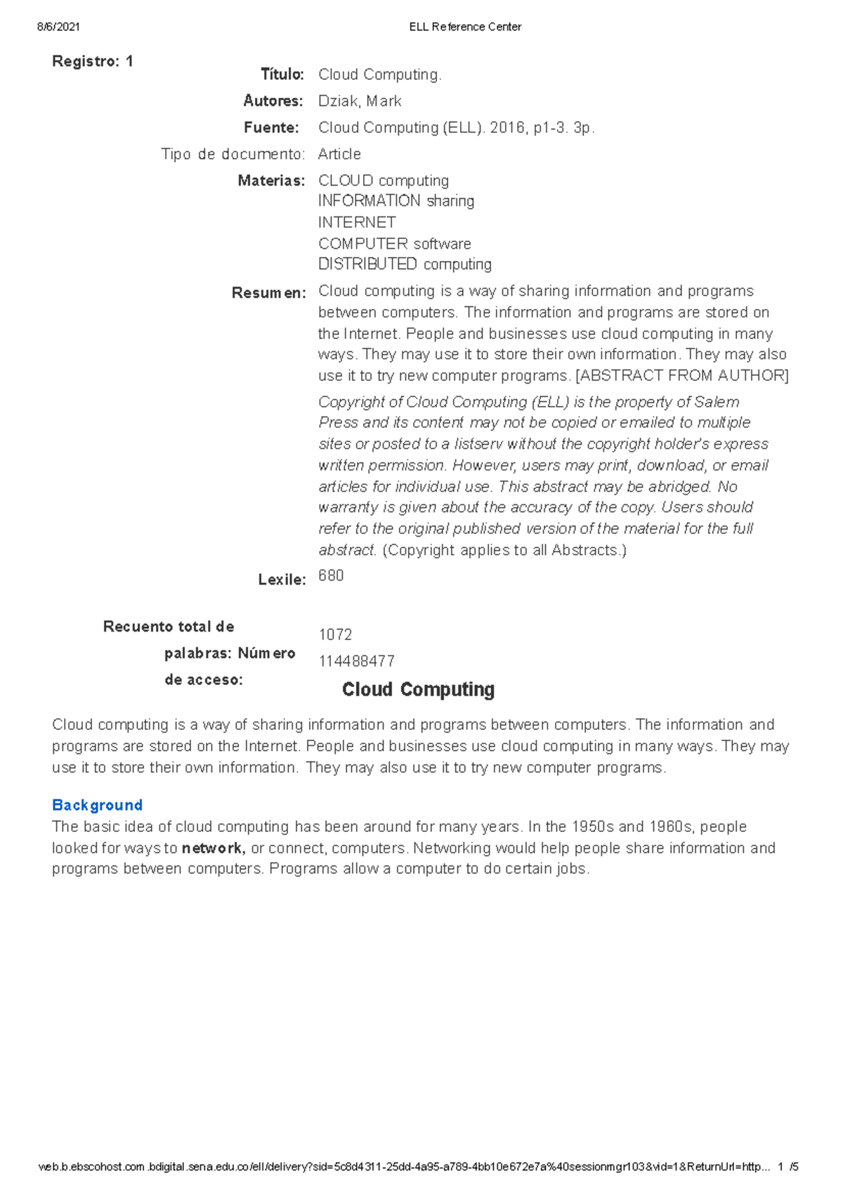 Cloud computing PDF - 8/6/2021 ELL Reference Center - Studocu