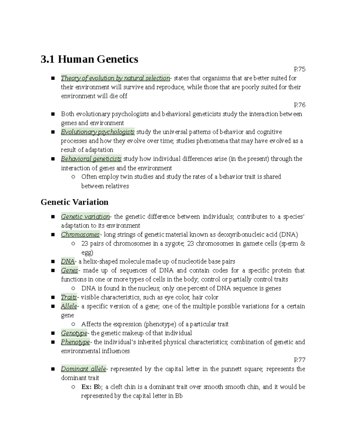 Ch.3 Biopsychology - reading notes - 3 Human Genetics P. Theory of ...