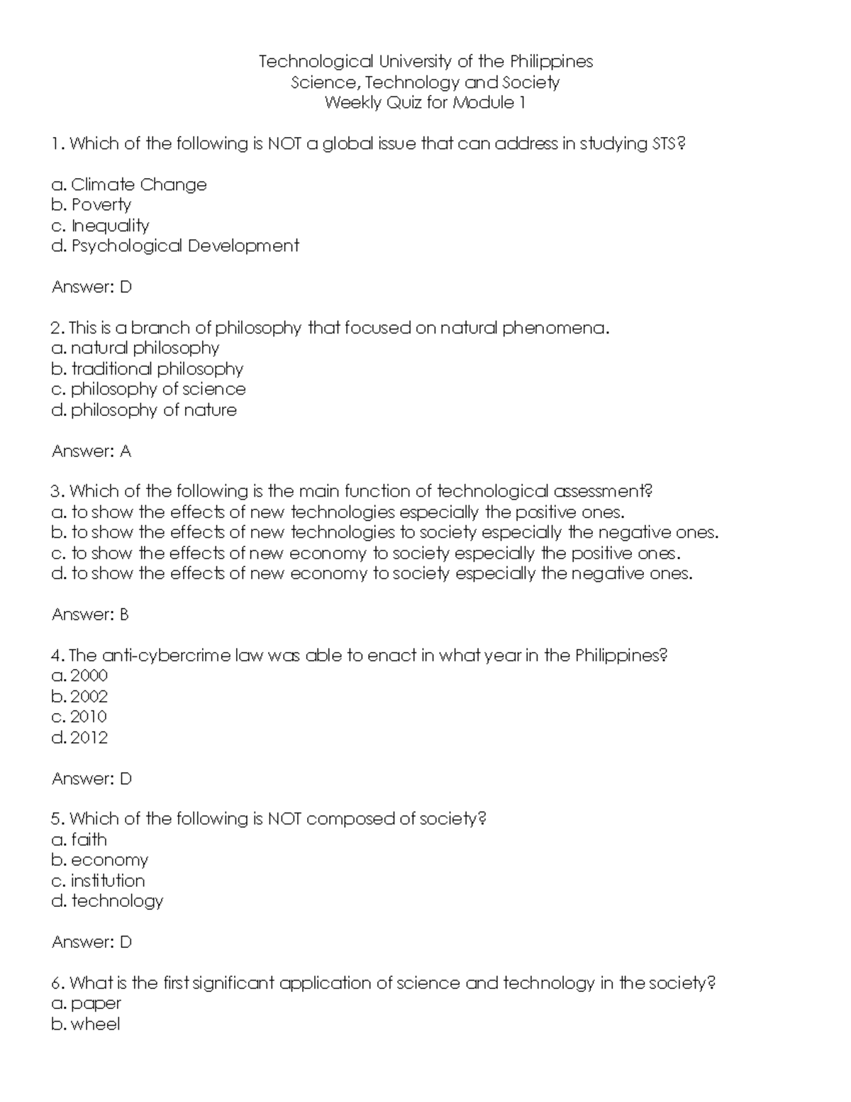 Weekly-Quiz-For-Module-1 GEC-7-science,technology and society - Science ...
