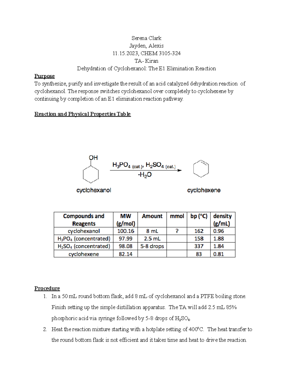 Pre Lab 10 - Pre Lab - Serena Clark Jayden, Alexis 11.15, CHEM 3105- TA ...