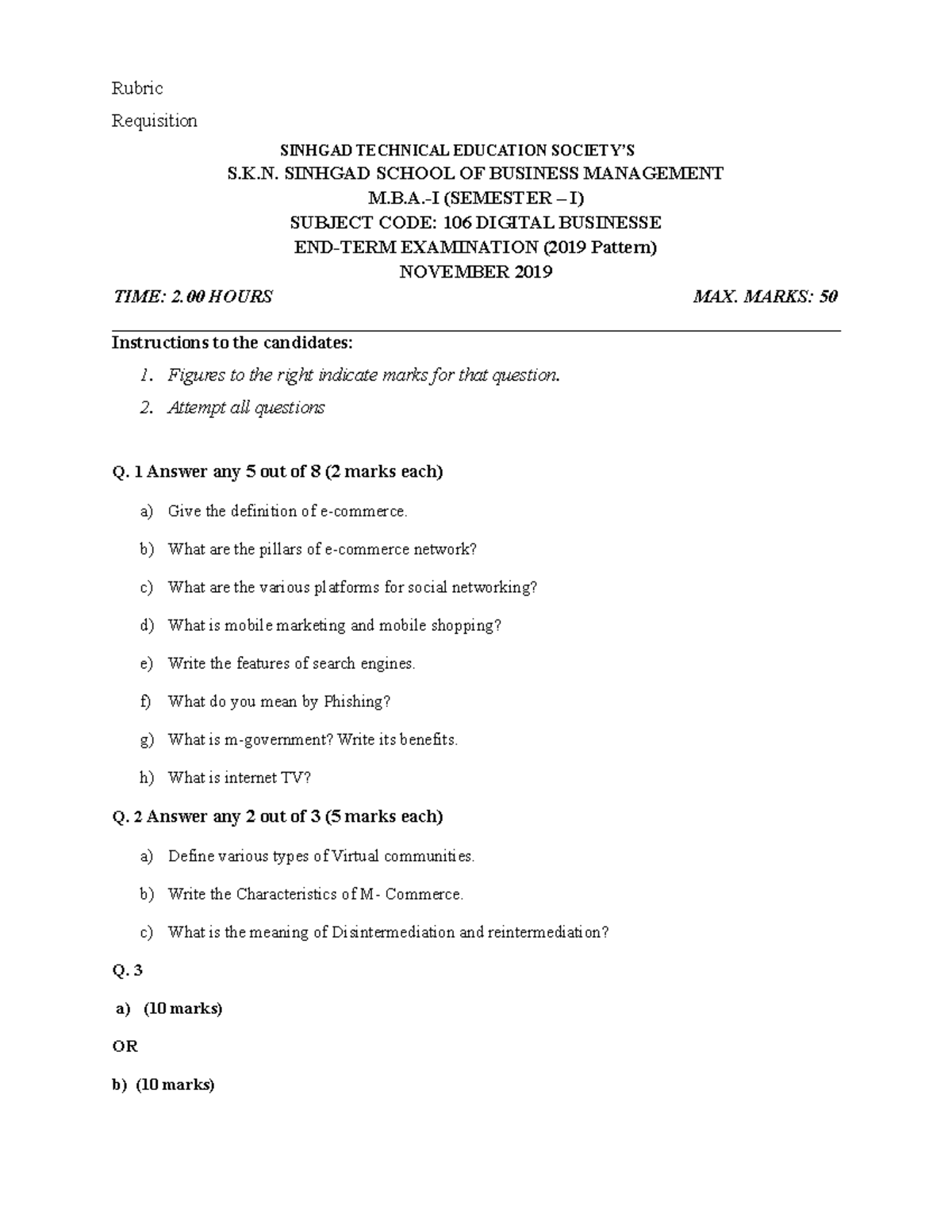 106 Digital Business Question Paper Rubric Requisition SINHGAD TECHNICAL EDUCATION SOCIETY’S S