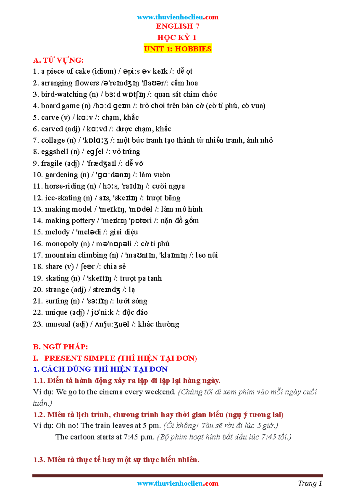 Thuvienhoclieu - nothing - ENGLISH 7 HỌC KỲ 1 UNIT 1: HOBBIES A. TỪ ...