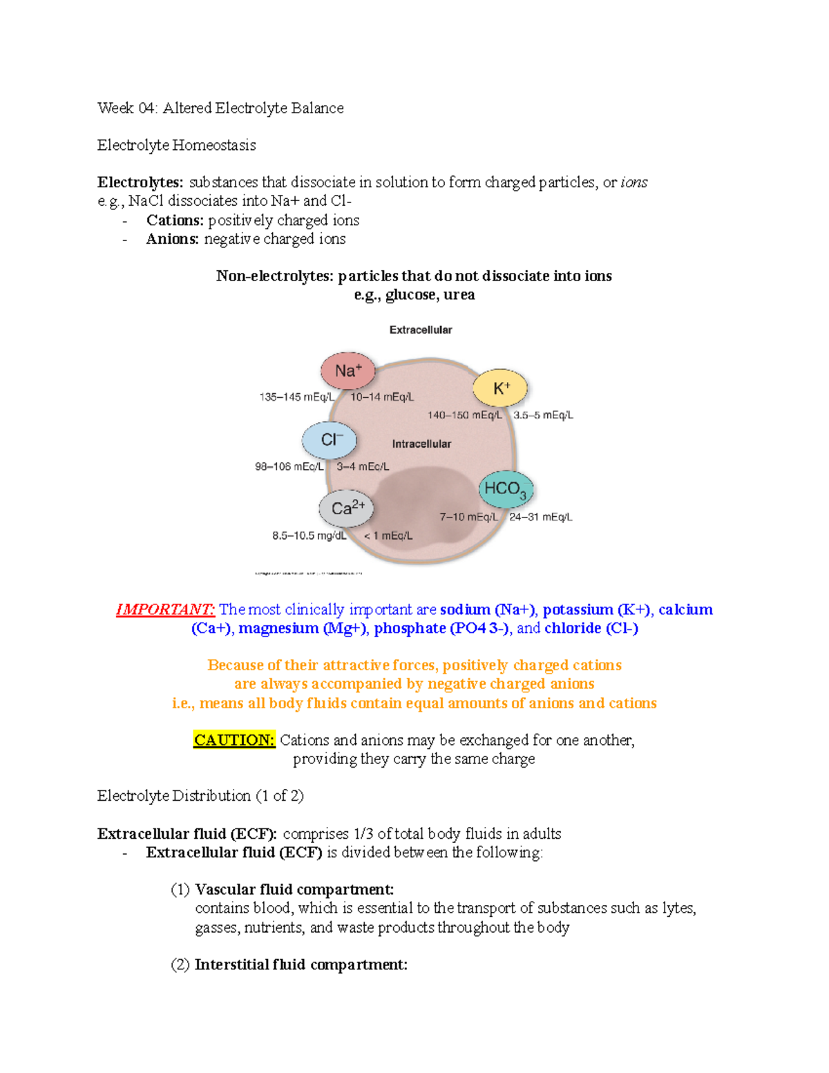 Week 4 Study Session Altered Electrolyte Balances - Week 04: Altered ...