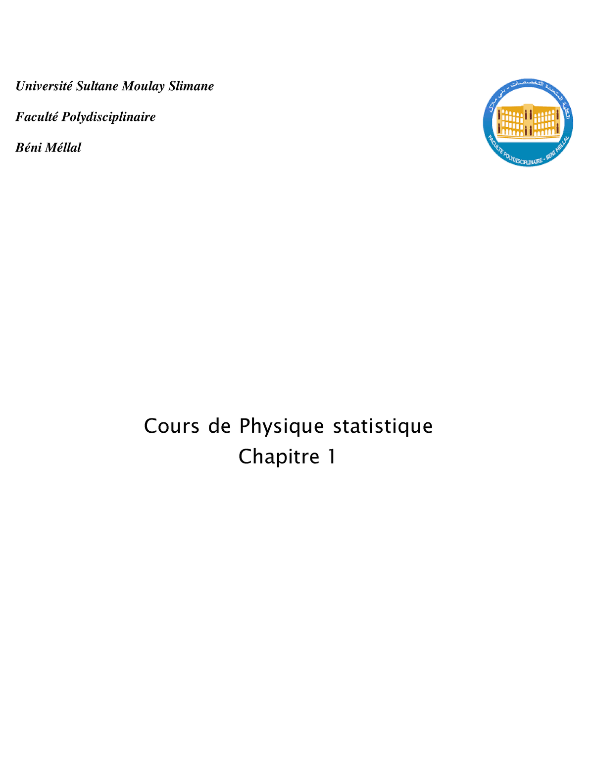 Cours De Physique Statistique Chapitre 1 - Université Sultane Moulay ...