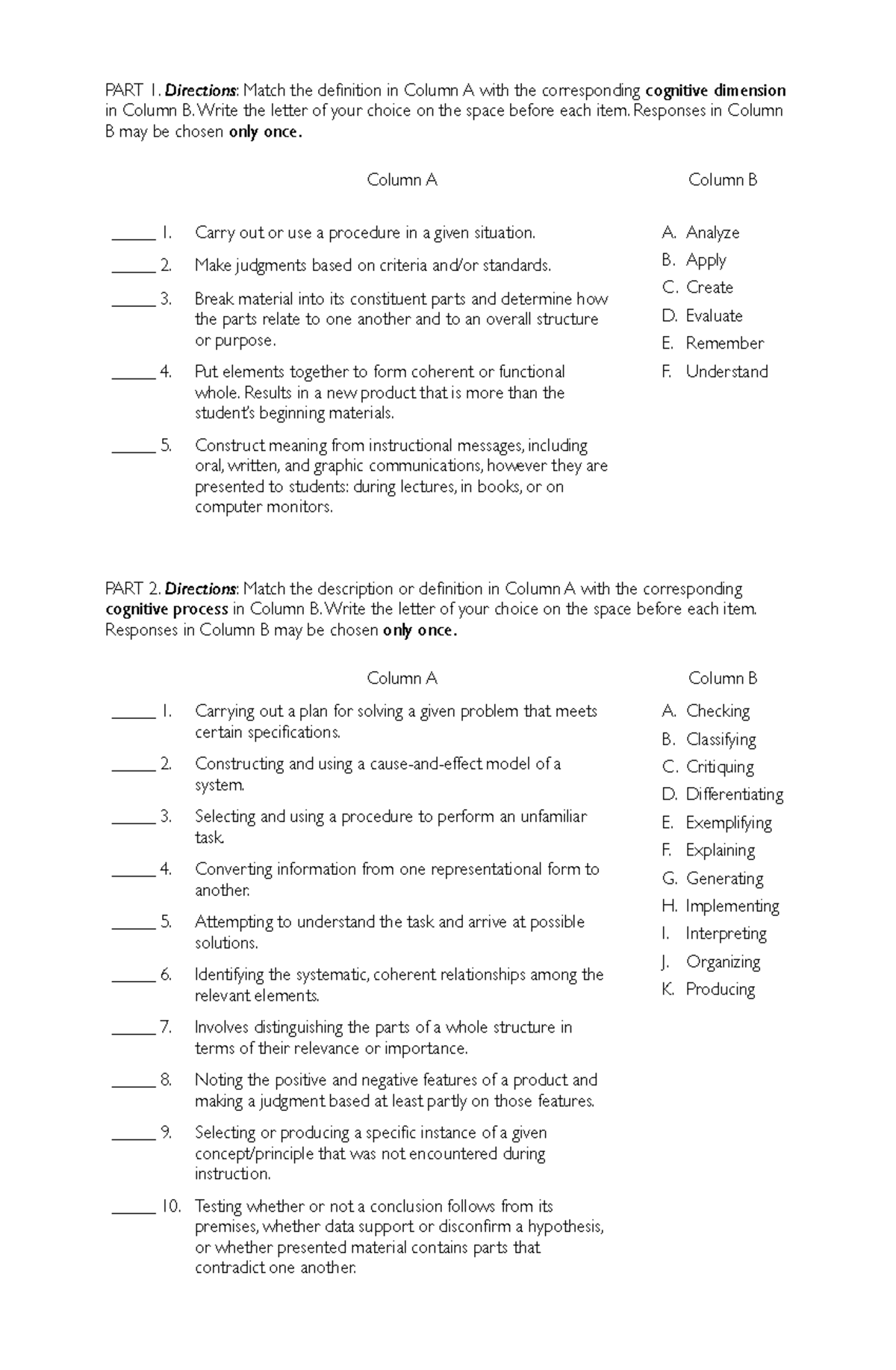 Bloom's Taxonomy Matching Exercises 2022 PART 1. Directions Match
